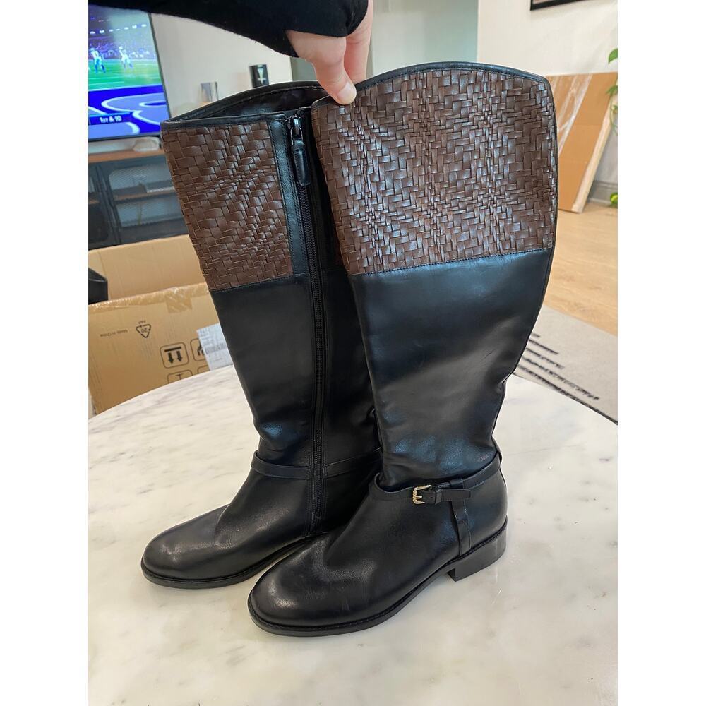 Cole Haan Boots Genevieve Woven Black Brown Leather Riding SZ 6 New $448 SH29